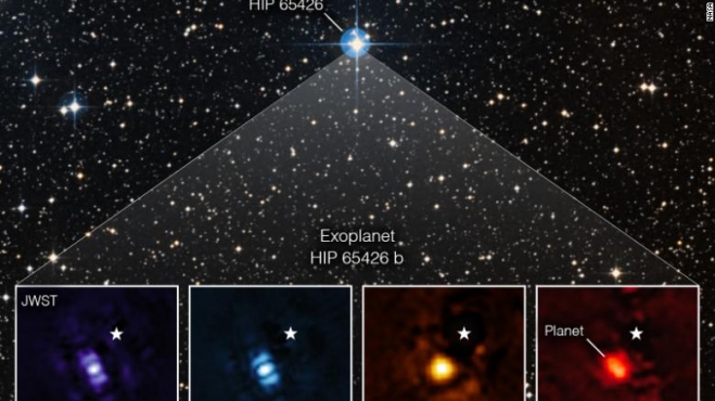 제임스 웹 우주 망원경이 서로 다른 적외선 대역에서 촬영한 외계행성 HIP 65426 b 이미지. NASA 캡처