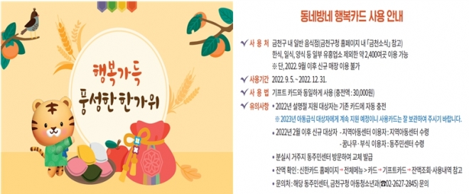 ‘동네방네 행복카드’와 함께 결식 우려 아동들에게 전달되는 명절 인사카드. 금천구 제공