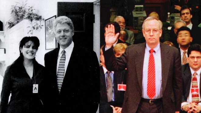 왼쪽부터 모니카 르윈스키, 빌 클린턴 전 미국 대통령, 13일(현지시간) 세상을 떠난 케네스 스타 전 특별검사. 1998년 클린턴 탄핵 재판에 앞서 선서하는 모습이다. 