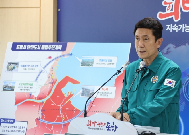 이강덕 포항시장이 20일 오전 시청에서 홍수 재해에 대한 장기 대책으로 배수터널 건설을 제안하고 있다. 포항시 제공