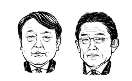 윤석열 대통령 캐리커처(왼쪽), 기시다 후미오 일본 총리 캐리커처(오른쪽)