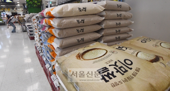 정부가 쌀값 안정화를 도모하기 위해 평년보다 한 달여 앞당겨 이달 중 수확기 대책을 발표하겠다고 밝힌 22일 서울 시내 한 대형마트에 지난해 생산된 쌀이 쌓여 있다. 지난 15일 기준 산지 쌀값은 20㎏에 4만 725원으로 1년 전 5만 4228원에 비해 24.9% 하락했다. 안주영 전문기자
