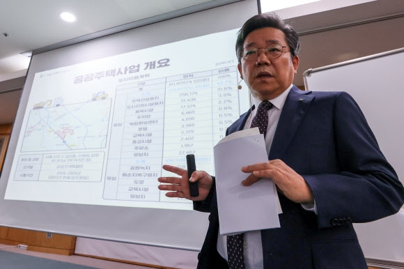 김헌동 서울주택도시공사(SH) 사장이 22일 오전 서울 강남구 SH에서 열린 내곡지구 사업성 분석결과 공개 및 향후 주택사업 계획 기자설명회에서 발언하고 있다. 2022.9.22 연합뉴스