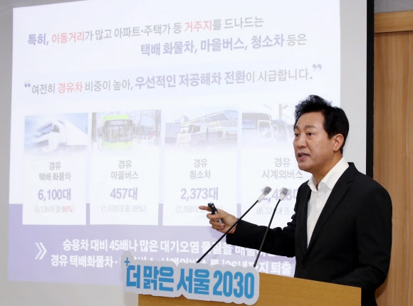 오세훈 서울시장이 28일 오전 시청에서 2050년까지 추진할 대기질 개선 종합대책인 ‘더 맑은 서울 2030’을 발표하고 있다. 뉴시스