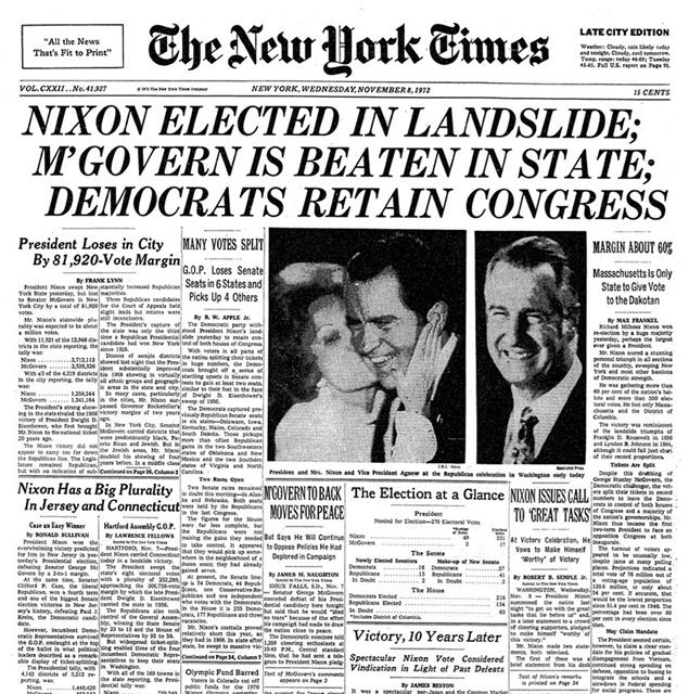 닉슨의 압도적 대선 승리를 보도한 뉴욕타임스. 뉴욕타임스 제공