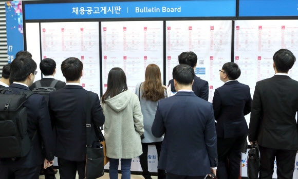 취업박람회에서 구직자들이 채용정보를 살펴보는 모습. 서울신문 DB