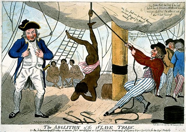18세기 말에 그려진 이 그림에는 노예선 선장이 손에 채찍을 들고 여성 노예를 체벌하는 모습이 담겨 있다.  위키피디아 제공