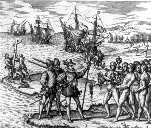 히스파니올라섬에 도착한 콜럼버스와 그의 일행들을 원주민들이 환영하고 있다. 1594년의 그림.  위키피디아 제공