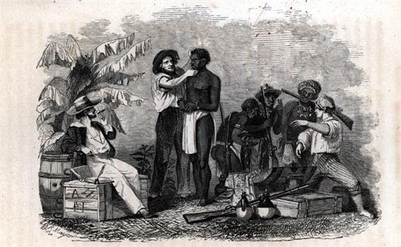 1854년에 그려진 그림으로 노예상이 구매하려는 노예의 상태를 점검하는 장면이다. 오른편에서는 노예를 포획해 온 아프리카인들에게 무기를 전달하고 있다. 키피디아 제공