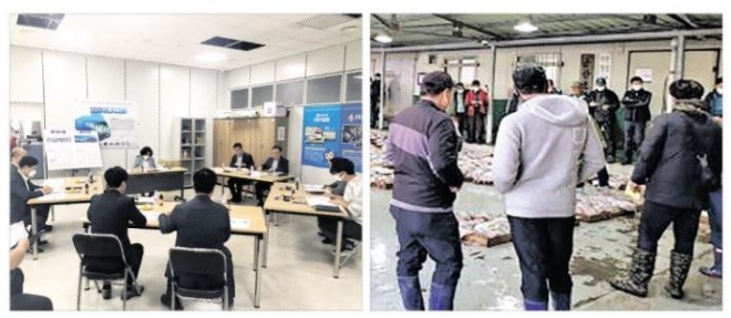 전북도가 지난 6일 군산수산물특화단지에서 군산시, 군산시수협, 한국농어촌공사 전북지역본부 등과 함께 참홍어 소비 촉진 및 지역특화상품 개발 방안을 모색하기 위한 현장 간담회를 개최하고 있다(왼쪽 사진). 오른쪽은 군산시 해망동 수협 위판장 모습. 전북도 제공