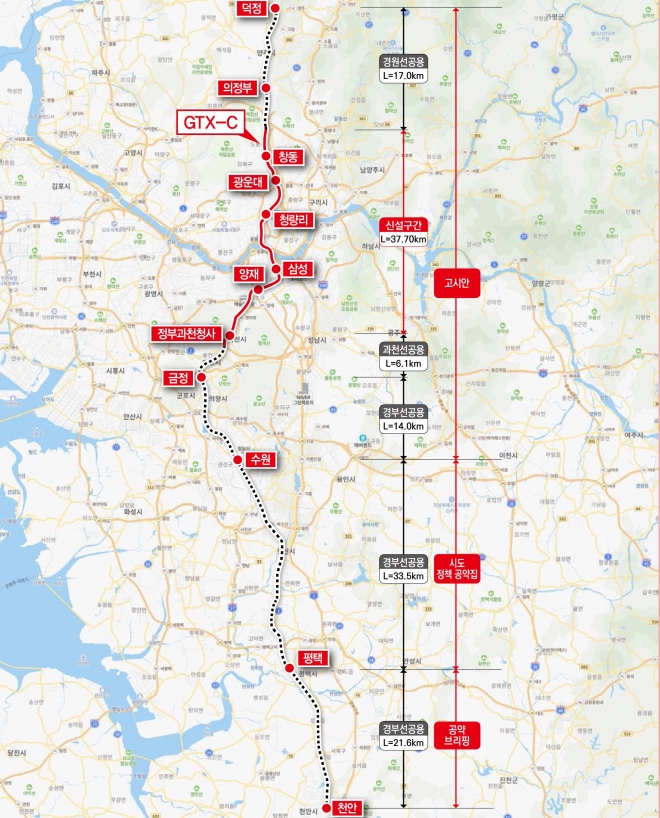 윤석열 대통령의 충남 천안지역 공약인 수도권 광역 급행열차(GTX-C) 노선 예안. 사진=천안시 제공