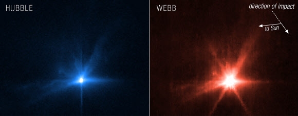 미국 항공우주국(NASA)이 11일(현지시간) 공개한 ‘쌍소행성 궤도수정 실험’(DART)에 참여한 우주선이 소행성 다이모르포스에 충돌하며 색깔이 변하는 모습. 지난달 26일 실시된 충돌 실험은 허블 망원경과 제임스 웹 우주망원경을 통해 생생한 모습이 포착됐다. NASA 제공
