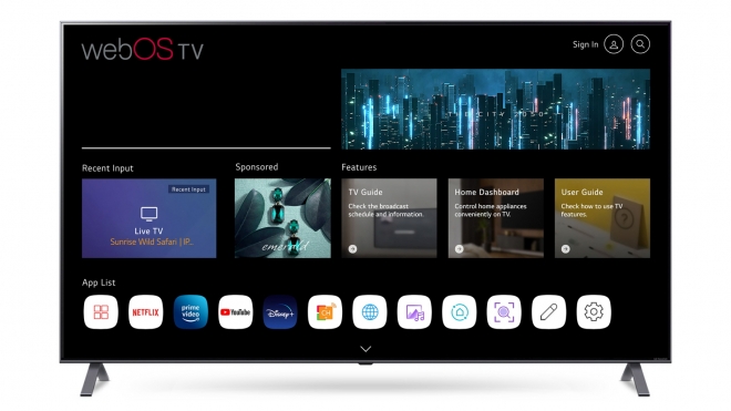 해외 제조사 TV에 표시된 LG전자의 스마트TV 플랫폼인 ‘웹OS’ 메인화면. LG전자 제공