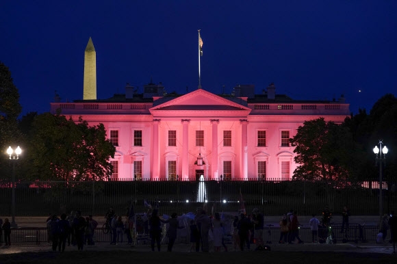 지난달 16일(현지시간) 미국 워싱턴DC 백악관에 ‘유방암 예방의 달’을 맞아 분홍색 조명이 켜져 있다. AP연합뉴스
