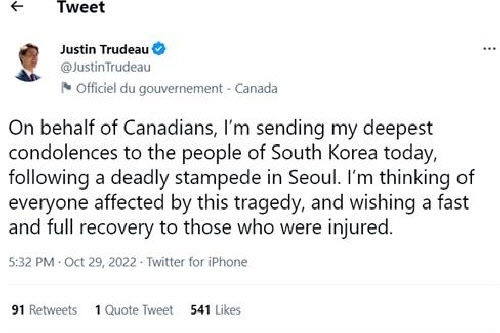 쥐스탱 트뤼도 캐나다 총리가 29일(현지시간) 트위터에 “캐나다 국민을 대표해 한국 국민에게 깊은 애도의 뜻을 보낸다”고 적었다. 트위터 캡처