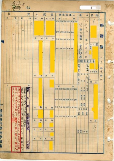 일제강점기 연희전문학교 학생의 학적부 모습. ‘1941년 9월에 함흥학생사건으로 함흥경찰서에 문초를 받아 퇴학시키기로 하였다’고 기재돼 있다. 국가보훈처 제공