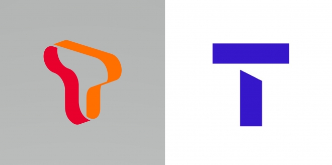 SK텔레콤의 브랜드 ‘T’의 예전 로고(위)와 이번에 개편한 로고의 모습. SK브로드밴드의 ‘B’도 같은 색상과 디자인으로 개편됐다. SK텔레콤 제공