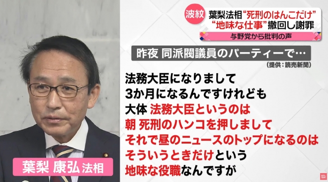 하나시 야스히로 일본 법무상의 부적절한 발언 내용을 보도하고 있는 일본 언론. 니혼TV 화면 캡처