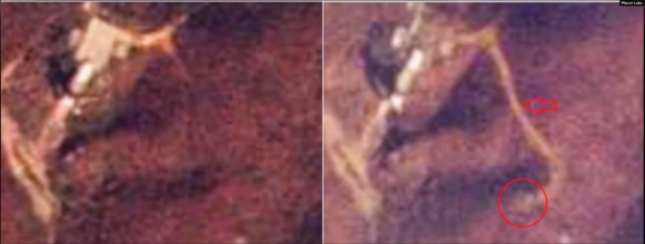 북한 동창리 위성발사장 엔진시험장 일대를 촬영한 플래닛랩스의 14일(현지시간)자 위성사진(오른쪽). 지난달 28일(왼쪽) 위성사진과 달리 엔진시험대에서 동남쪽 약 200m 지점(원 안)에 관측시설이나 엔진시험대일 가능성이 있는 새 건축물 공사 장면이 보인다. 미국의소리 홈페이지 캡처