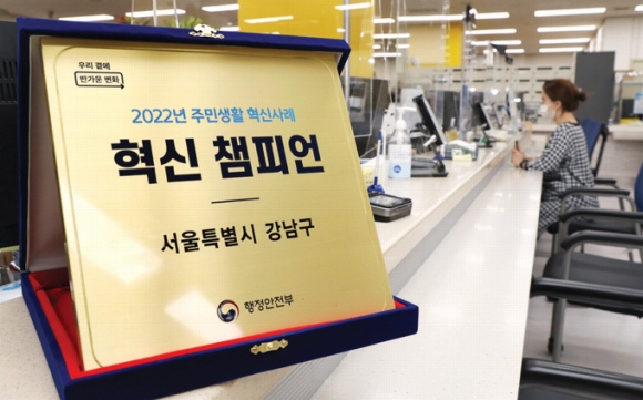 서울 강남구가 행정서비스 앱 ‘더강남’을 통해 행정안전부로부터 받은 주민생활 혁신사례 우수사례 상패. 강남구 제공
