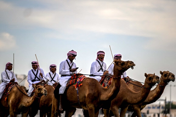 카타르월드컵 개막을 사흘 앞둔 17일(현지시간) 수도 도하에 낙타를 탄 남성들이 나타나 눈길을 끌고 있다. 이들이 왜 이런 대형을 이뤄 출현했는지 통신은 설명하지 않았다. 도하 AFP 연합뉴스 