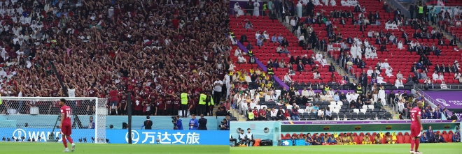 20일(현지시간) 카타르 알코르 알바이트 스타디움에서 열린 2022 카타르 월드컵 카타르와 에콰도르의 개막전 경기. 경기장에 관중이 가득찬 모습(왼쪽 사진)과 후반 시작임에도 불구하고 관중석에 빈자리가 늘어난 모습. 2022.11.21 연합뉴스
