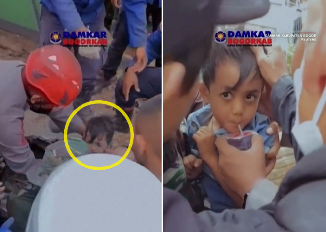 23일(현지시간) 인도네시아 서부자바주(州) 찌안주르 지역에서 지진으로 무너진 집 잔해 아래서 6세 남자아이 아즈카 마울라나 말릭이 구조됐다. 2022.11.23 CNN 트위터 캡처