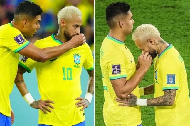 6일(한국시간) 2022 카타르 월드컵 16강전 대한민국과 브라질의 경기. 이날 브라질의 카세미루가 네이마르의 코를 만지고 있는 장면이 온라인에서 화제가 됐다. AFP 연합뉴스