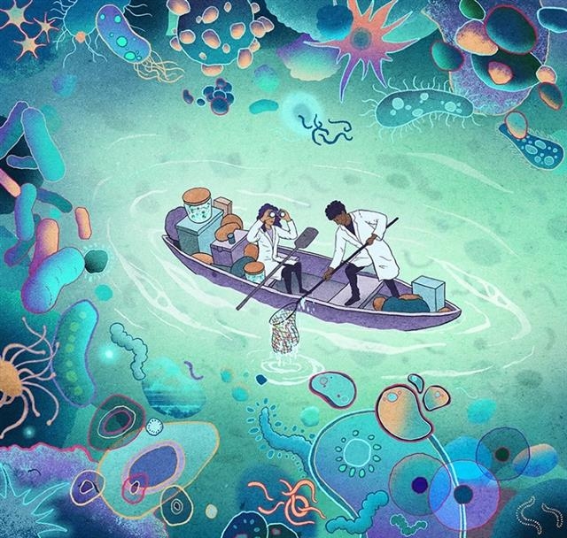 과학자들이 장내 미생물의 바다를 헤쳐 나가는 모습을 그린 일러스트. 네이처 제공