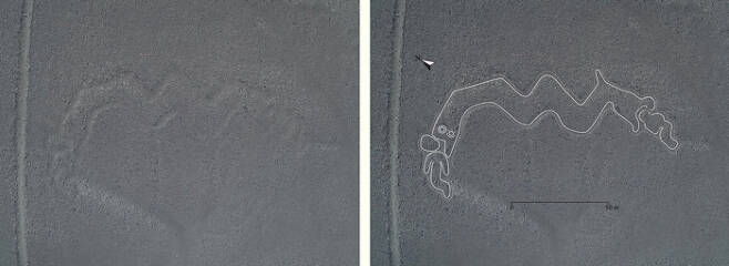 지난 2019년 야마가타대학 연구팀이 발견했다고 발표한 뱀 모양 나스카 라인. 실제 모습(왼쪽)과 가공된 모습