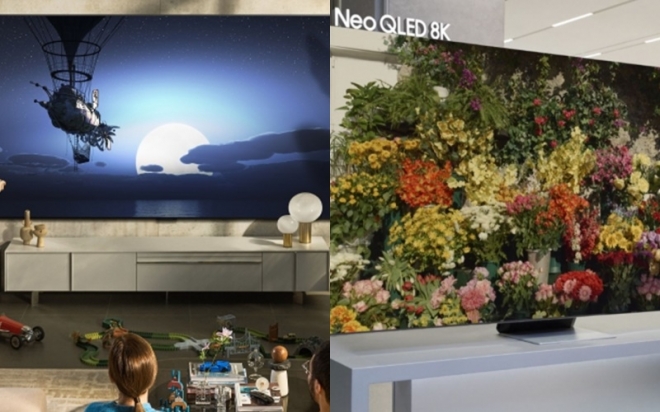LG전자의 올레드 에보TV(왼쪽)와 삼성전자의 네오QLED 8K TV. 각사 제공
