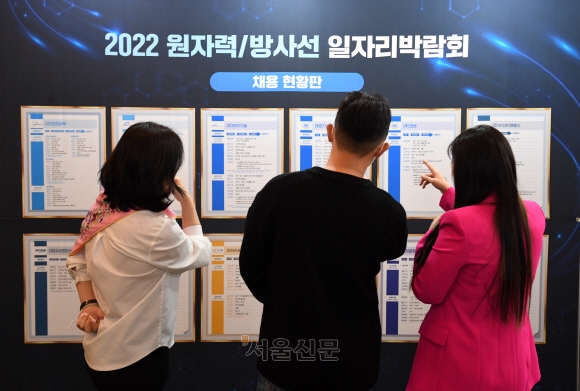 서울 강남구 코엑스에서 27일 열린 ‘2022년 원자력생태계 지원사업 잡-테크 페어’를 찾은 관람객들이 채용 정보를 유심히 보고 있다. 산업통상자원부는 지원사업을 통해 2년 동안 212개 원전 기업에 1180명의 인력을 지원했으며, 내년에는 올해보다 24억원가량 증액된 89억원의 예산을 지원사업에 투입하겠다고 밝혔다. 도준석 기자