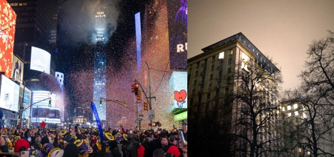 1일(현지시간) 미국 뉴욕 타임스스퀘어의 새해맞이축제(왼쪽)와 우크라이나 수도 키이우에서 새해를 기념하기 위해 건물 일부에 불을 밝힌 모습. AP