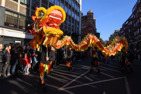 음력 설인 22일(현지시간) 영국 런던의 축하 행사에 용춤이 펼쳐지고 있다. 런던 로이터 연합뉴스