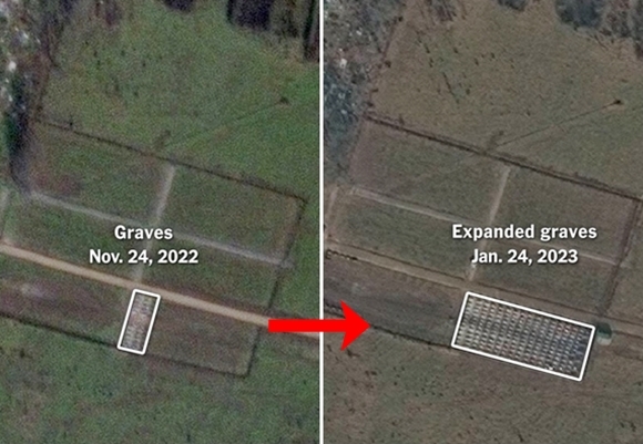 뉴욕타임스(NYT)가 민간 상업위성업체 맥사테크놀로지의 자료를 분석한 바에 따르면 24일(현지시간) 바그너 공동묘지에선 최대 170개의 무덤이 식별됐다. 지난해 11월 24일 자료에서 17개의 무덤만이 관측된 걸 고려하면, 불과 두 달 새 매장 규모가 7배 이상 커진 셈이다. 2023.1.24 맥사테크놀로지