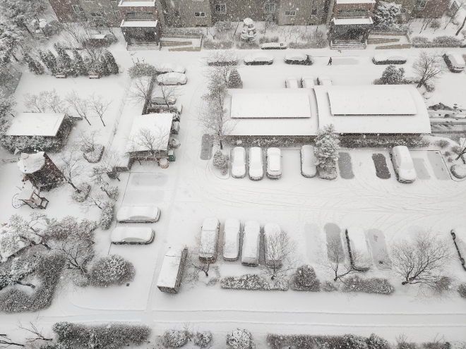 대설주의보가 내려진 26일 충남 서산 한 아파트에 눈이 쌓여 있다. 2023.1.26
