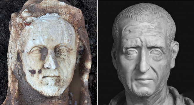 아피아 안티카 고고학 공원은 이번에 발굴된 헤라클레스 조각상(왼쪽)이 로마 황제 데키우스 얼굴(오른쪽)과 유사성을 띈다고 언급하면서 이 조각이 실제 인물을 모델로 했을 가능성을 제기했다. 2023.1.27 아피아 안티카 고고학 공원 페이스북 캡처