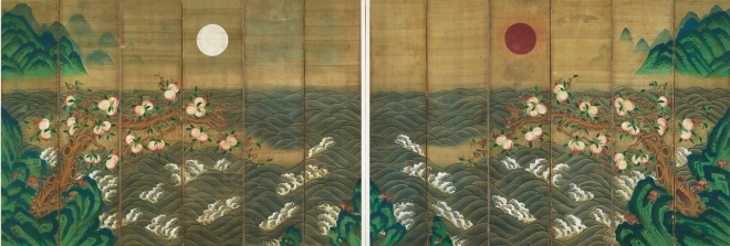 〈일월반도도12폭병풍〉, 19세기,  비단에 채색,  개인소장