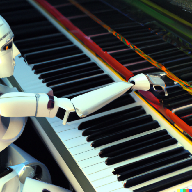 오픈AI의 이미지 생성 인공지능(AI) ‘달리2’에 “음악가보다 노래를 더 잘 만드는 AI의 3D 렌더링”이라고 입력해 생성한 이미지. 달리2