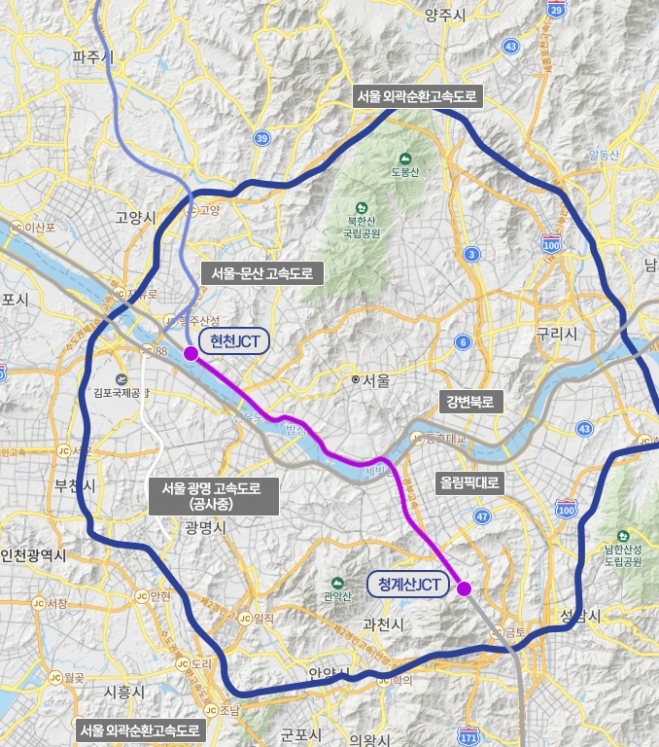 고양~양재 대심도 고속도로 예상 노선도. 홍정민 의원실 제공.