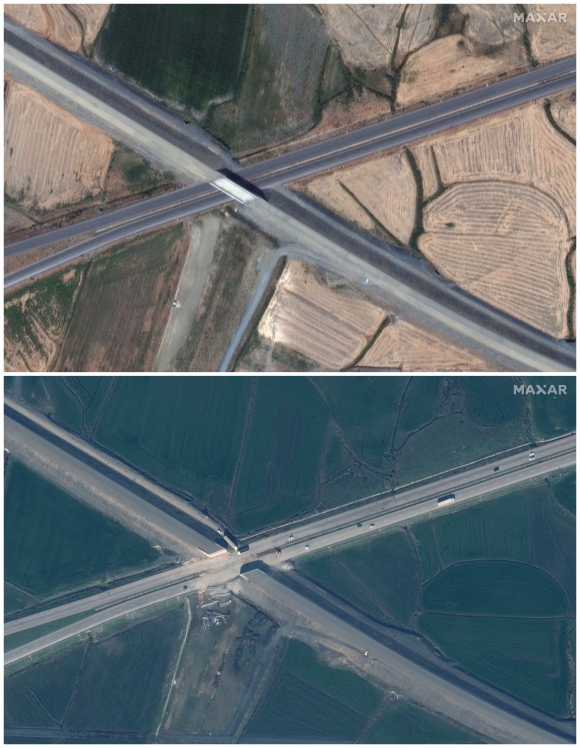 A combination of satellite images shows the area before and after an earthquake in Nurdagi 미국 민간위성업체 맥사 테크놀로지가 촬영한 대지진 전(위)과 후(아래, 9일 촬영) 튀르키예 가지안테프주 누르다이 지역 고가도로. 2023.2.10 로이터 연합뉴스