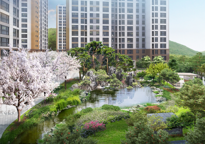 ‘순천 한양수자인 디에스티지’ 단지 내 조경시설인 석가산과 연못