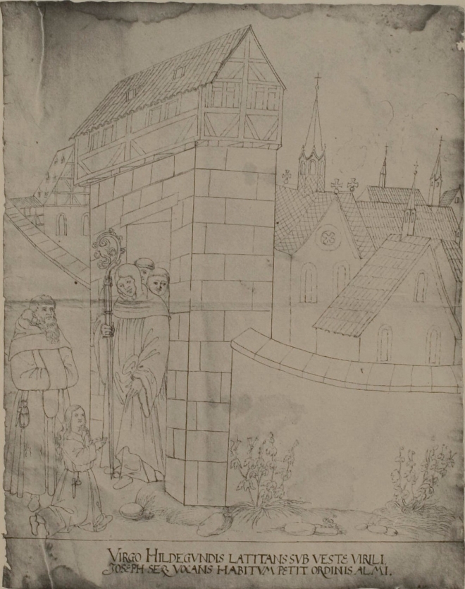 수도원 입회를 청원하는 힐데군트. 그림 아래에는 “소녀 힐데군트가 남자 옷을 입고 수도원에서 은신처를 구하고 있다. 요셉이라 불리었던 (그녀는) 이후 수도원에서 생활했다”라는 문구가 적혀 있다. 16세기의 그림. 위키피디아 제공