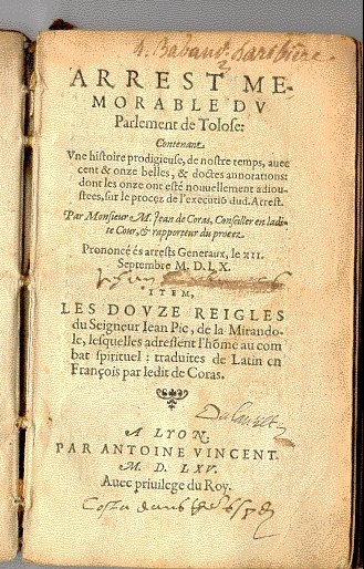 마르탱 게르의 재판을 담당했던 장 드 코라스라는 판사가 재판 과정을 상세히 기록한 ‘잊을 수 없는 판결’(1565). 위키피디아 제공