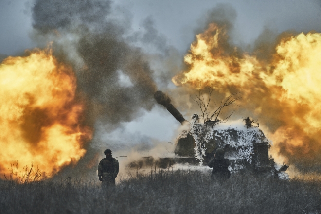 A self-propelled artillery vehicle fires on the frontline, Donetsk region, Ukraine, Saturday, Feb. 18, 2023. (AP )