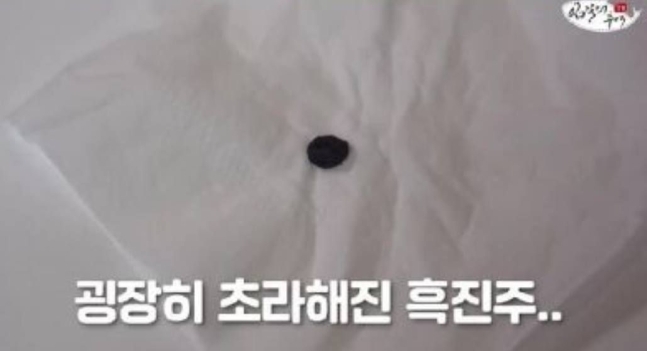 발견 하루 뒤 흑진주 상태. 하루 만에 흑색으로 변했고, 건포도처럼 쪼그라들었다. 유튜브 채널 ‘입질의 추억’