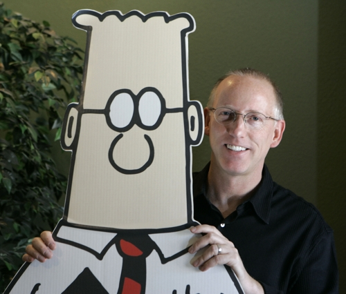 만평 딜버트의 작가인 스콧 애덤스가 미국 캘리포니아주 더블린에 있는 자신의 작업실에서 2006년 만화 주인공 딜버트와 사진을 찍고 있다. 더블린 AP 연합뉴스