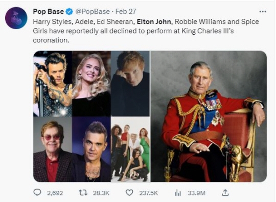 찰스 3세 영국 국왕의 5월 대관식 축하 콘서트에 서지 않겠다고 밝힌 영국 팝스타들. 왼쪽 위부터 시계 방향으로 해리 스타일스, 아델, 에드 시런, 스파이스 걸스, 로비 윌리엄스, 엘튼 존 경. 팝 베이스 트위터 캡처