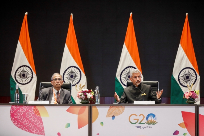 S.자이샨카르 인도 외교부 장관이 2일(현지시간) 인도 뉴델리에서 열린 주요 20개국(G20) 외교장관 회의 언론 브리핑에서 연설하고 있다. 2023.3.2. 로이터 연합뉴스
