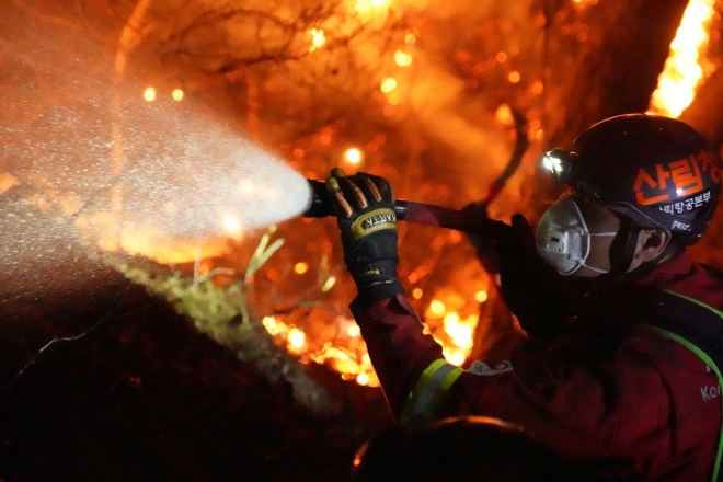 지난 8일 경남 합천군 용주면 월평리 인근 야산에서 발생한 산불이 야간까지 이어지면서 진화대원들이 산속에서 불길을 잡기 위해 물을 뿌리고 있다. 산림청 제공